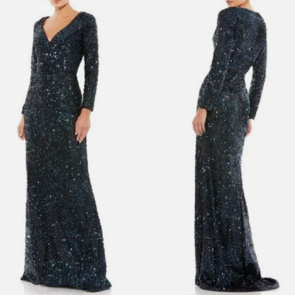 MAC DUGGAL 26445 LONG SLEEVE SEQUIN MIDNIGHT GOWN sz 14